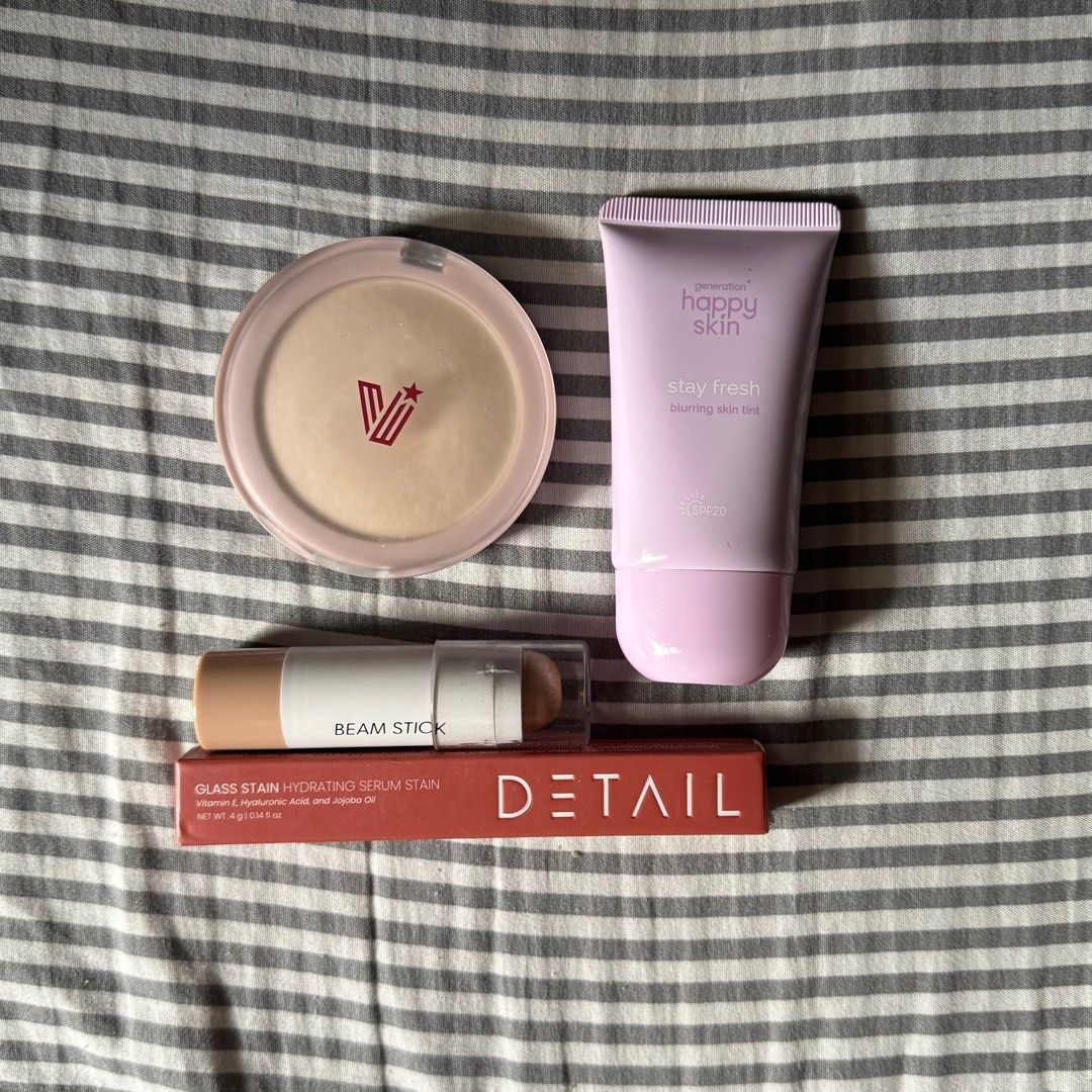 MAKEUP BUNDLE FOR 400 (Category: Makeup) located in Quezon City. Submitted by smoreo (Listing ID 1306913477, Image 1). Description: detail glass stain in bare peach - 99% full, swatched only vice cosmetics baked setting powder in natural - 95% full happy skin blurring tint in light-medium - 99% full careline multistick in beam - 99% full.