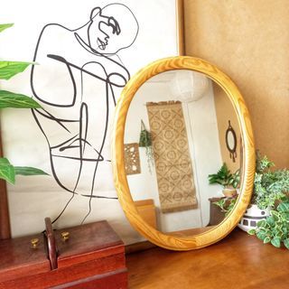 Midcentury modern solid wood oval wall hanging mirror
