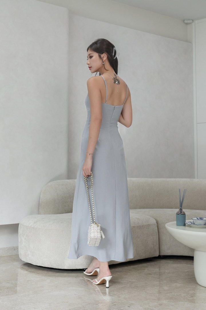 MOIRE PADDED MAXI DRESS IN ASH GREY