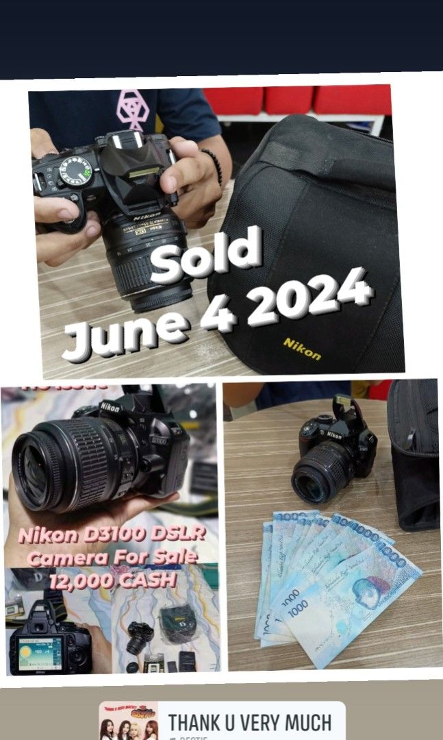 Nikon d3100 for Sale No Defect (Category: Cameras) located in Caloocan City. Submitted by mr.carlo_dslr_laptop (Listing ID 1306485718, Image 1). Description: Nikon d3100 DSLR Camera Good Condition For Beginners Entry Level Nikon Bag Nikon Battery Nikon Charger Nikon Lens cap Nikon Strap Nikon Body d3100 Nikon Kitlens 18-55 12,000 CASH 12k pesos CASH only For Sale today 12k CASH Good Condition Working Flash Working Autofocus All Buttons Working Lc