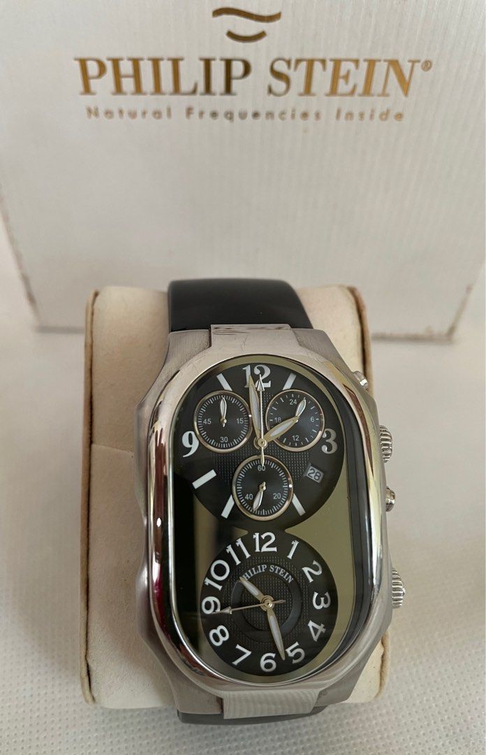 Philip Stein Chronograph XL Men’s Watch (Category: Luxury Watches) located in Muntinlupa City. Submitted by bestoption4u (Listing ID 1306918792, Image 1). Description: Natural Frequency Technology Sapphire Crystal face with Black strap, Excellent condition seldom used. No remarkable scratches. ** with extra leather strap ** Comes with the original box and aunthentication cards Retail @ 79K.