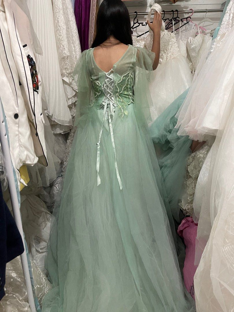 slim fit dress slacks Glitter-Tulle Long Sage Green Prom Dress