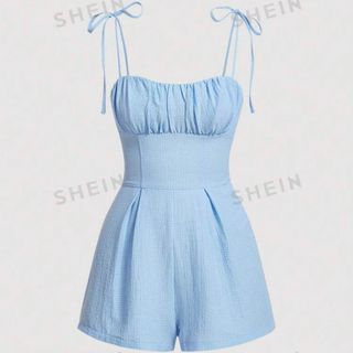 Shein MOD Light Blue Romper Adjustable Straps Summer Wear Ruched Bust Tie Shoulder Cami Romper elegant casual presko