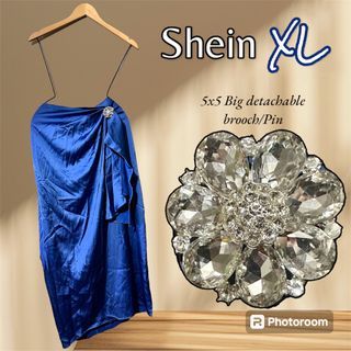 Shein Plus size Blue Satin Silk Maxi Skirt with Flower Diamond/Stone Detachable Brooch/Pin
