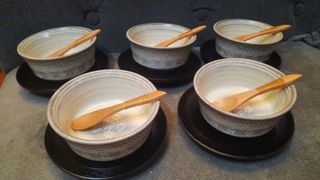 Stoneware bowl 4x2" with wooden spoon and saucer New Japan 5 pcs availsble