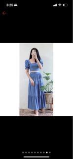 Terno Puff Sleeve with Maxi Tiered Skirt in Blue
