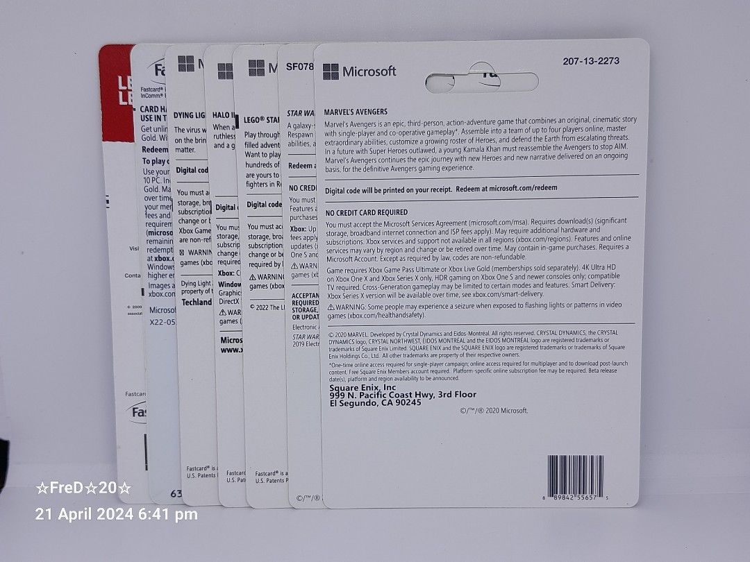7pcs Assorted Game Gift Cards (Category: Game Gift Cards & Accounts) located in San Pablo. Submitted by fredambion (Listing ID 1307156341, Image 2). Description: *Please Take Time To Read Descriptions & Check The Photos *What You See Is What You Get *7pcs Assorted Game Gift Cards *All For Only 350 / 7pcs *Authentic Cards *1pc League Of Legends & 6pcs Xbox *No Doubles *Lightly Used to Well Used Condition *2nd Hand Condition *Manage Your Expectatio