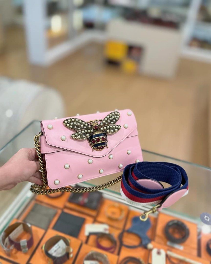 Gucci Pink Leather Pearl Studded Broadway Bee Mini Flap in Antique GHW