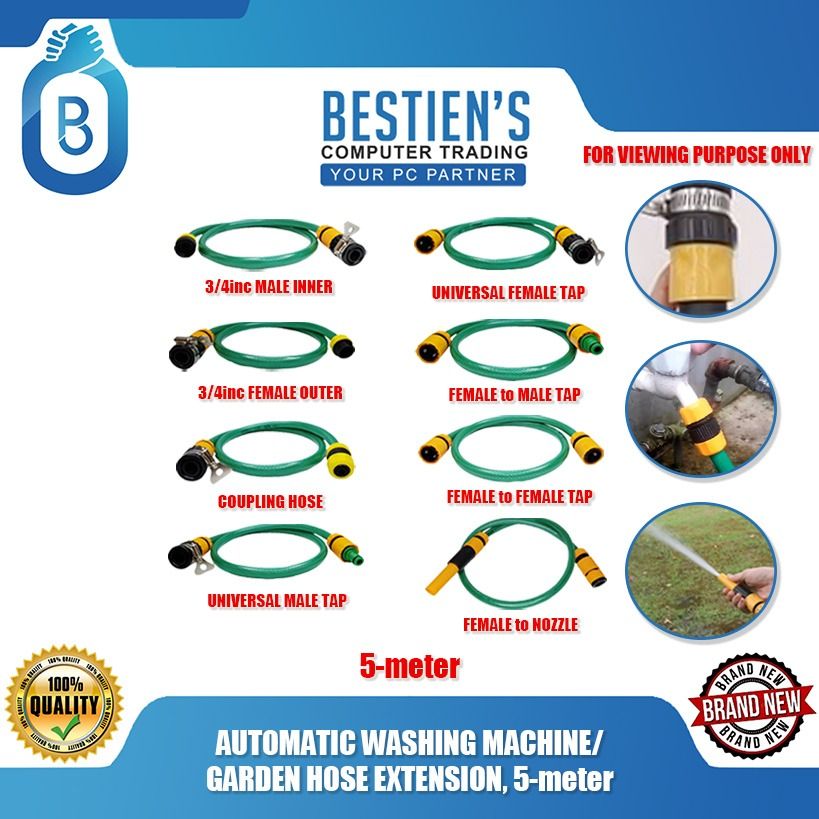 AUTOMATIC WASHING MACHINE/ GARDEN HOSE EXTENSION, 5-meter (Category: Washing Machines and Dryers) located in Quezon City. Submitted by besteinpc (Listing ID 1304656089, Image 1). Description: AUTOMATIC WASHING MACHINE/ GARDEN HOSE EXTENSION, 5-meter FEATURES: VARIATION: 👉a. UNIVERSAL TAP ADAPTER to 3/4inc MALE INNER THREAD 👉b. UNIVERSAL TAP ADAPTER to 3/4inc FEMALE OUTER THREAD 👉c. UNIVERSAL TAP ADAPTER to COUPLING HOSE CONNECTOR 👉d. UNIVERSA
