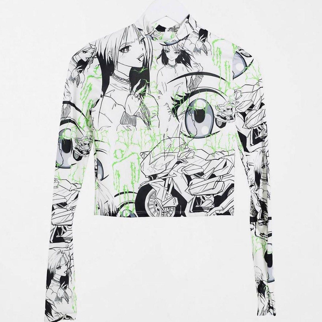 Billie Eilish x Bershka 2020 Collections Ero manga Anime Celebrity Graphic  Printed Crop Top and Long Sleeveed Tee in White Kemeja Atasan Motif y2k