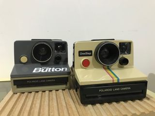 Bundle of 2 Vintage Original POLAROID One Step Land Camera Rainbow Stripes & Grey Button