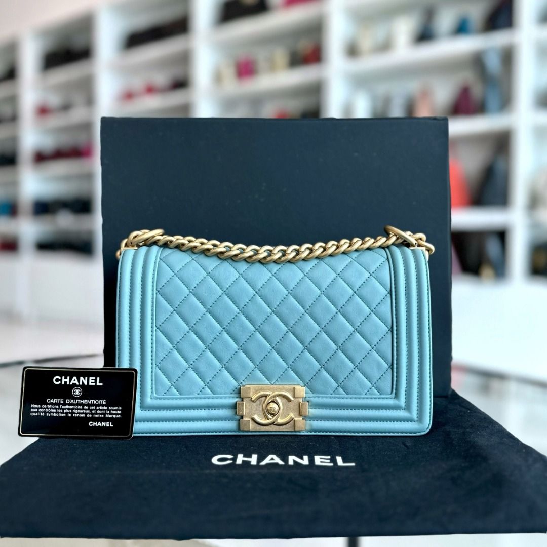 Calfskin Chanel Boy Old Medium 25CM Quilted Calfskin Leboy Light Blue GHW No 25