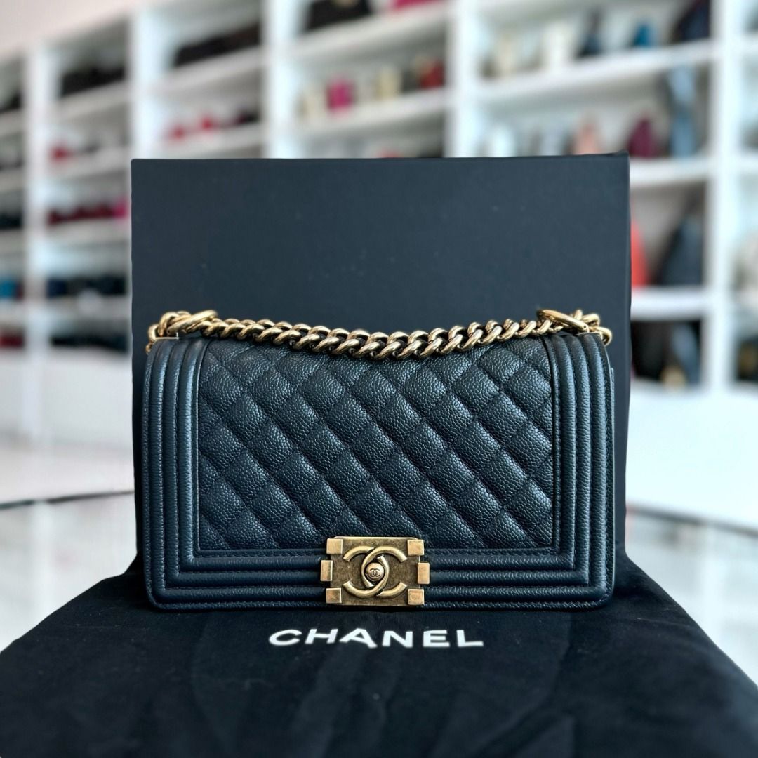 Chanel Caviar Boy Old Medium 25CM Quilted Calfskin Leboy Dark Blue RGHW No 20 Luxury Bags Wallets on Carousell