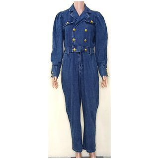 Denim Double Vested Longsleeves  Jumpsuit With Gold Buttons