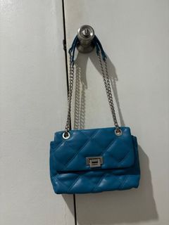 Faux Leather Blue Silver Chain Shoulder Bag
