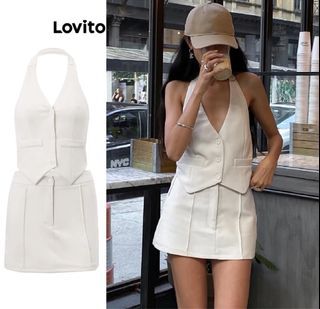 Lovito casual plain button backless top and skirt set