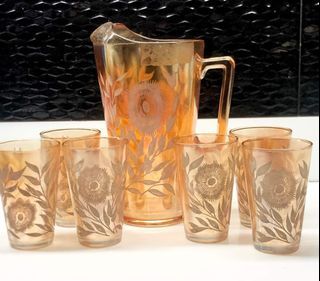 Marigold Carnival Glass Pitcher and Drinking  Glass Set