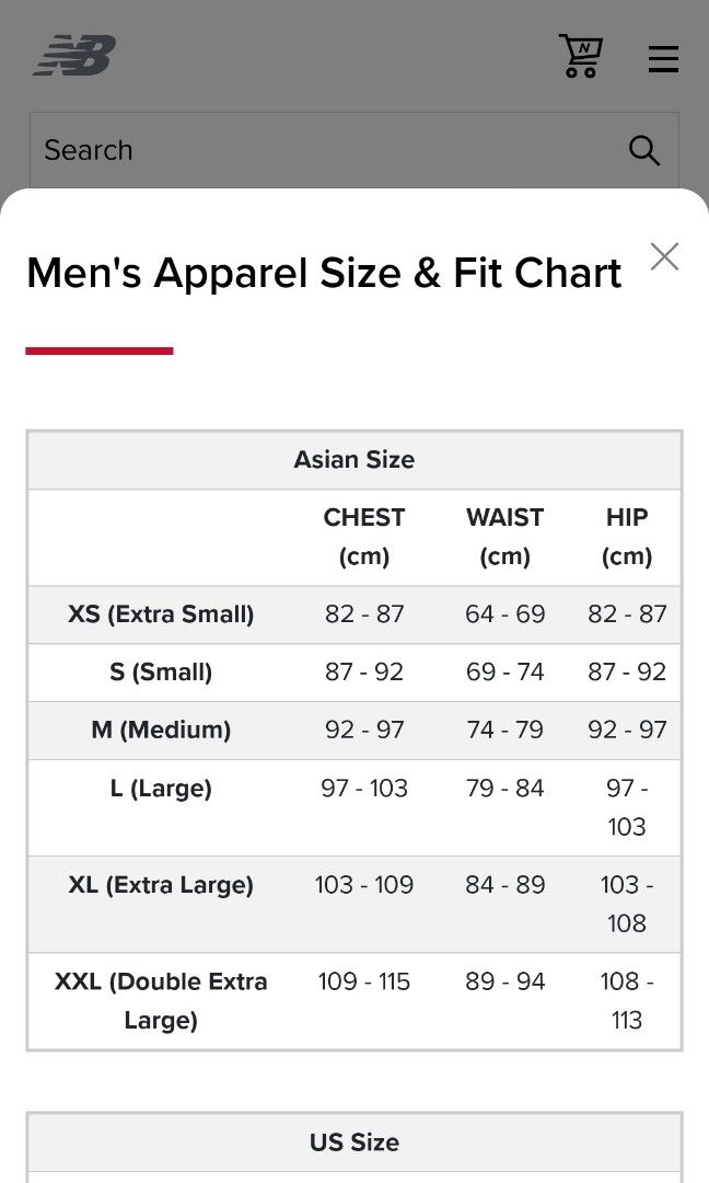 New balance jersey size chart clearance