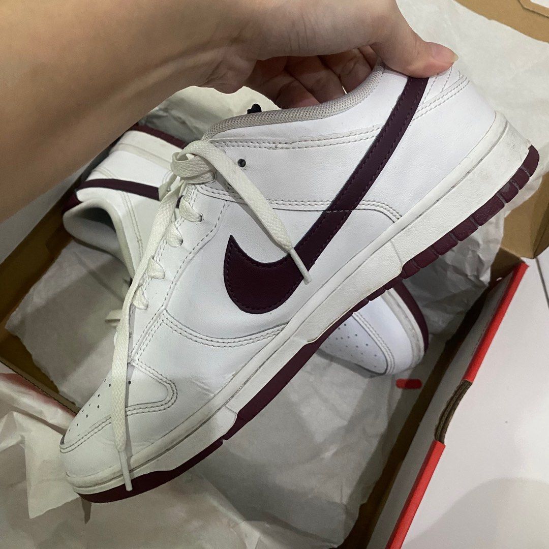 Meroon Dunks NIKE DUNK LOW RETRO in White/Night Maroon, Fesyen Pria, Sepatu ...