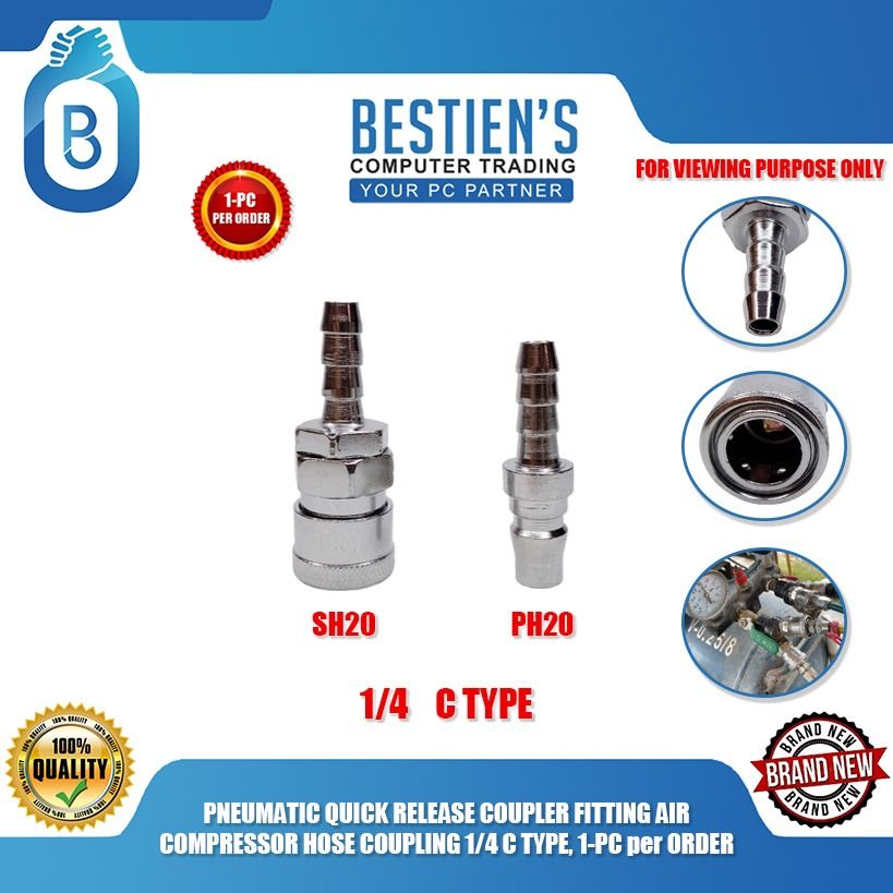 PNEUMATIC QUICK RELEASE COUPLER FITTING AIR COMPRESSOR HOSE COUPLING 1/4 C TYPE, 1-PC per ORDER (Category: Air Purifiers & Dehumidifiers) located in Quezon City. Submitted by besteinpc (Listing ID 1305042478, Image 1). Description: PNEUMATIC QUICK RELEASE COUPLER FITTING AIR COMPRESSOR HOSE COUPLING 1/4, 1-PC per ORDER FEATURES: VARIATION: 👉a. SH20 👉b. PH20 👉Model Number: C type Quick connector 👉Material: Metal Zinc 👉Type: Quick Couplings 👉