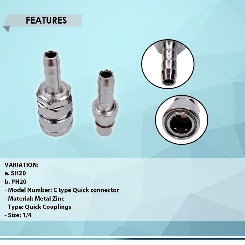 PNEUMATIC QUICK RELEASE COUPLER FITTING AIR COMPRESSOR HOSE COUPLING 1/4 C TYPE, 1-PC per ORDER (Category: Air Purifiers & Dehumidifiers) located in Quezon City. Submitted by besteinpc (Listing ID 1305042478, Image 2). Description: PNEUMATIC QUICK RELEASE COUPLER FITTING AIR COMPRESSOR HOSE COUPLING 1/4, 1-PC per ORDER FEATURES: VARIATION: 👉a. SH20 👉b. PH20 👉Model Number: C type Quick connector 👉Material: Metal Zinc 👉Type: Quick Couplings 👉