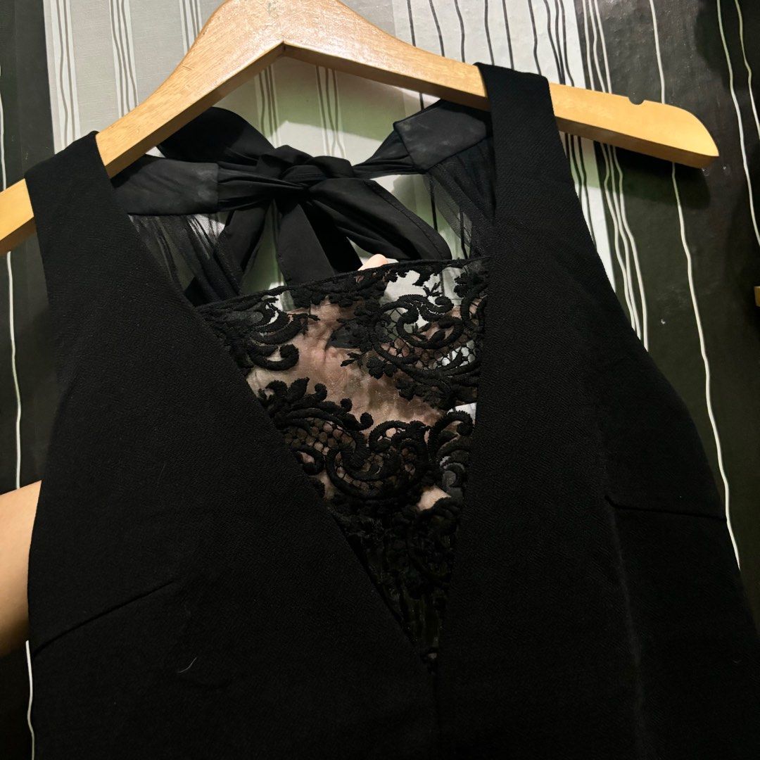 Rare model black dress mini dress lace brokat coquette bow collar neck ...