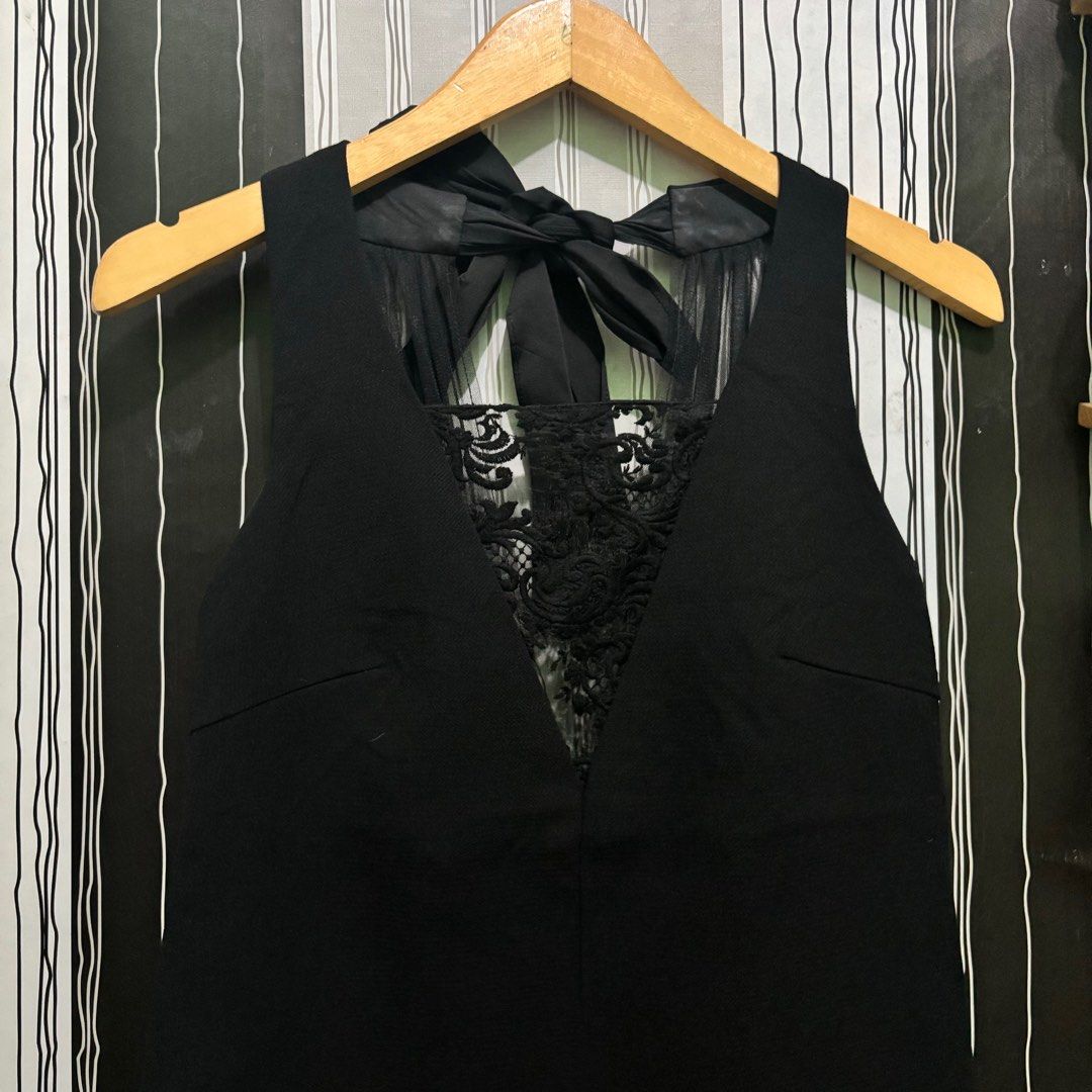 Rare model black dress mini dress lace brokat coquette bow collar neck ...