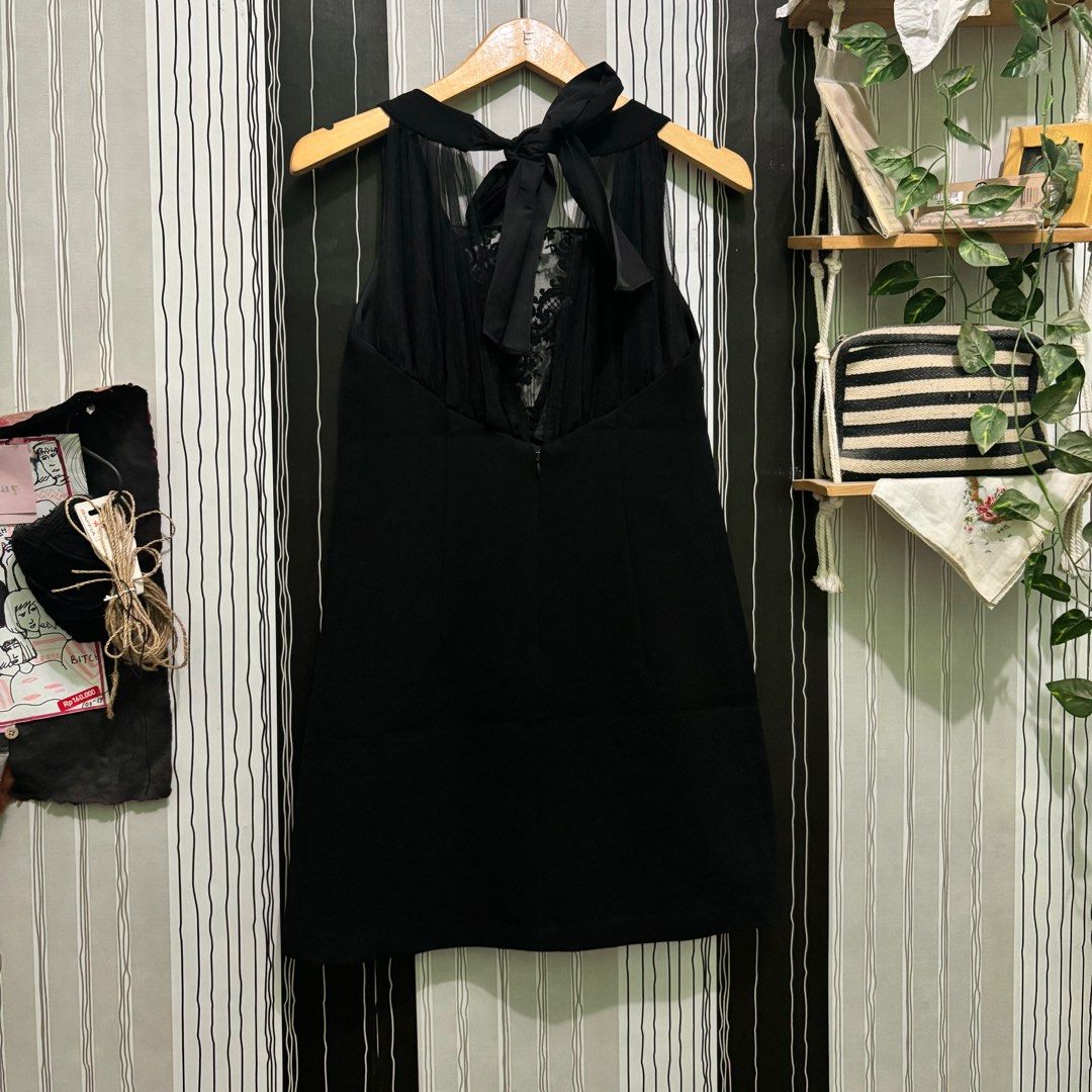 Rare model black dress mini dress lace brokat coquette bow collar neck ...