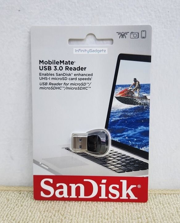 SanDisk MobileMate USB 3.0 Card Reader 170MB/s High Speed Micro SD Reader (Category: Memory & SD Cards) located in Manila. Submitted by infinitygadgetzph (Listing ID 1307149820, Image 1). Description: -Authentic -Authorized Dealer of SanDisk -Sealed and Brand New -With 3 Months replacement warranty (Must keep the complete carton for warranty claim) SPECIFICATIONS & FEATURES: -Model: SDDR-B531-GN6NN -Reads Micro SD, Micro SDHC, Micro SDXC -Transfe