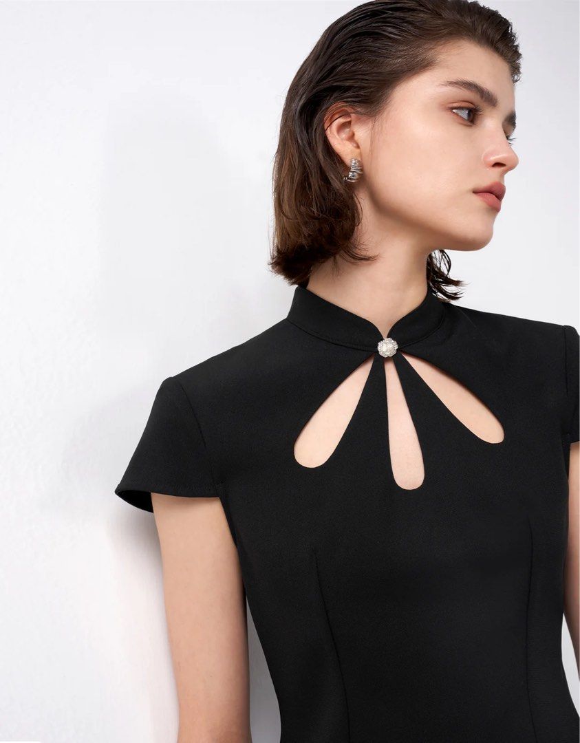 mandarin collar cut out dress Modern Chinese Qipao Dress with High Neckline & Short Sleeves