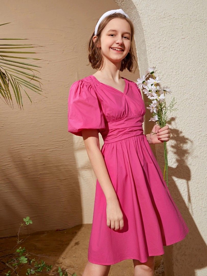 SHEIN Teen Puff Sleeve Flare Dress, Babies & Kids, Babies & Kids Fashion on  Carousell