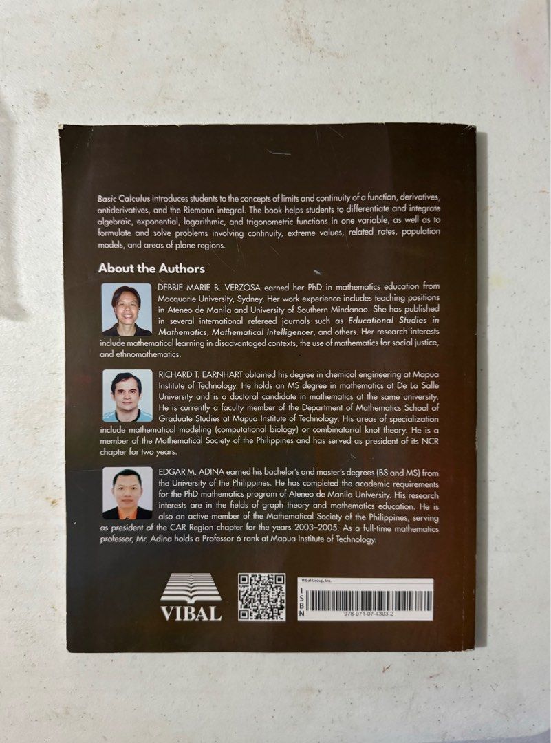 Vibal Basic Calculus (Category: Textbooks) located in Malabon City. Submitted by cheska.p (Listing ID 1307181721, Image 2). Description: - Authentic Basic Calculus book by VIBAL - used by grade 12 SHS .