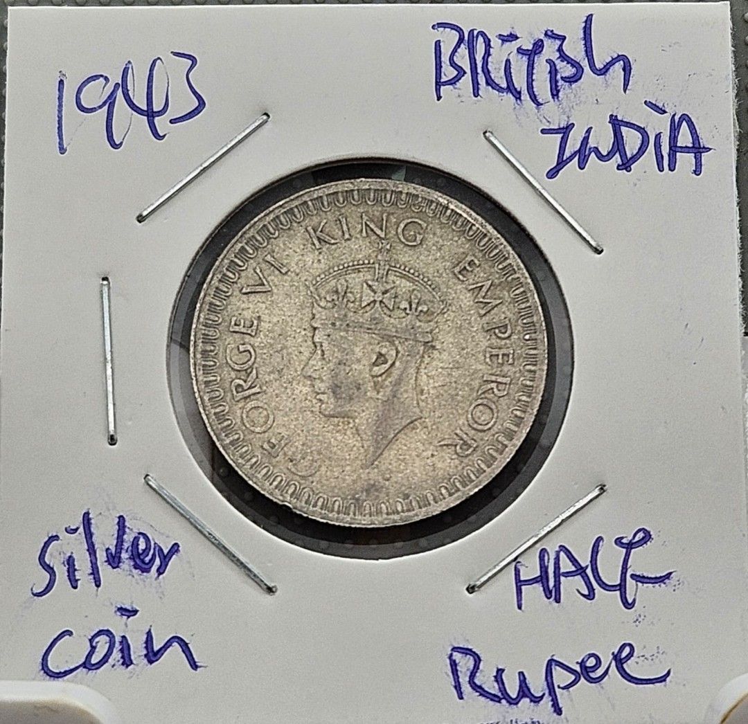 1943年英屬印度1/2盧比銀幣/0.5銀/流通幣/1943/British India Half Rupee/Circulation  coin/Silver 0.5/喬治六世, 興趣及遊戲, 收藏品及紀念品, 錢幣- Carousell