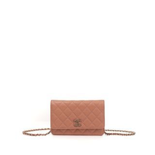 Chanel Caviar Leather Wallet on Chain in Dusty Beige Pink with Gold Hardware