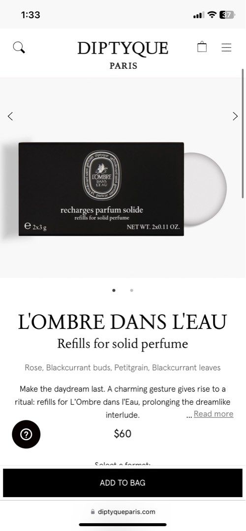 Diptyque Solid Perfume Refills (L’ombre Dans L’eau) (Category: Fragrance & Deodorants) located in Pasay City. Submitted by itabiyou (Listing ID 1307280727, Image 3). Description: Notes: blackcurrant & roses - longevity: excellent! - both for men & women - scent isn’t too overpowering - bought in the official diptyque website for $60 - if you need more photos, please feel free to send me a message :).