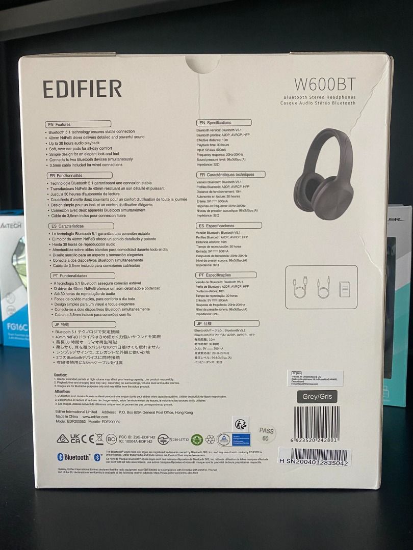 Edifier W600BT Bluetooth Wireless Stereo Over-Ear Headphones Grey (Category: Headphones & Headsets) located in Pasig City. Submitted by technofuseofficial (Listing ID 1307359866, Image 2). Description: Edifier W600BT Bluetooth Wireless Stereo Over-Ear Headphones Grey Specification Bluetooth: V5.1 Weight: 168g Driver: Φ40mm NdFeB Charging Time: 3 hours Charging Port: USB-C (Type-C) Playtime: 30 hours Bluetooth V5.1 ensures stable connection 40mm N