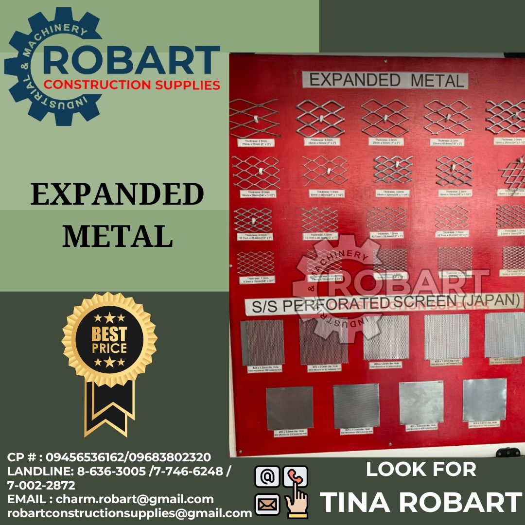 Expanded Metal/ Perforated Sheet (Category: Construction & Building Materials) located in Manila. Submitted by tina.sales (Listing ID 1307278748, Image 2). Description: Expanded Metal/ Perforated Sheet SEND US MESSAGE FOR INQUIRIES ‼️‼️ ~~TINA ROBART~~ 0 9 4 5 6 5 3 6 1 6 2 0 9 6 8 3 8 0 2 3 2 0 LANDLINE: 8 6 3 6 3 0 0 5 / 7 7 4 6 6 2 4 8 / 7 0 0 2 2 8 7 2 EMAIL : c h a r m.r o b ar t @ g m a i l.c o m r o b a r t c o n s t r u c t i o n s u p p 