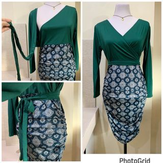 Green wrap around top ruched skirt dress