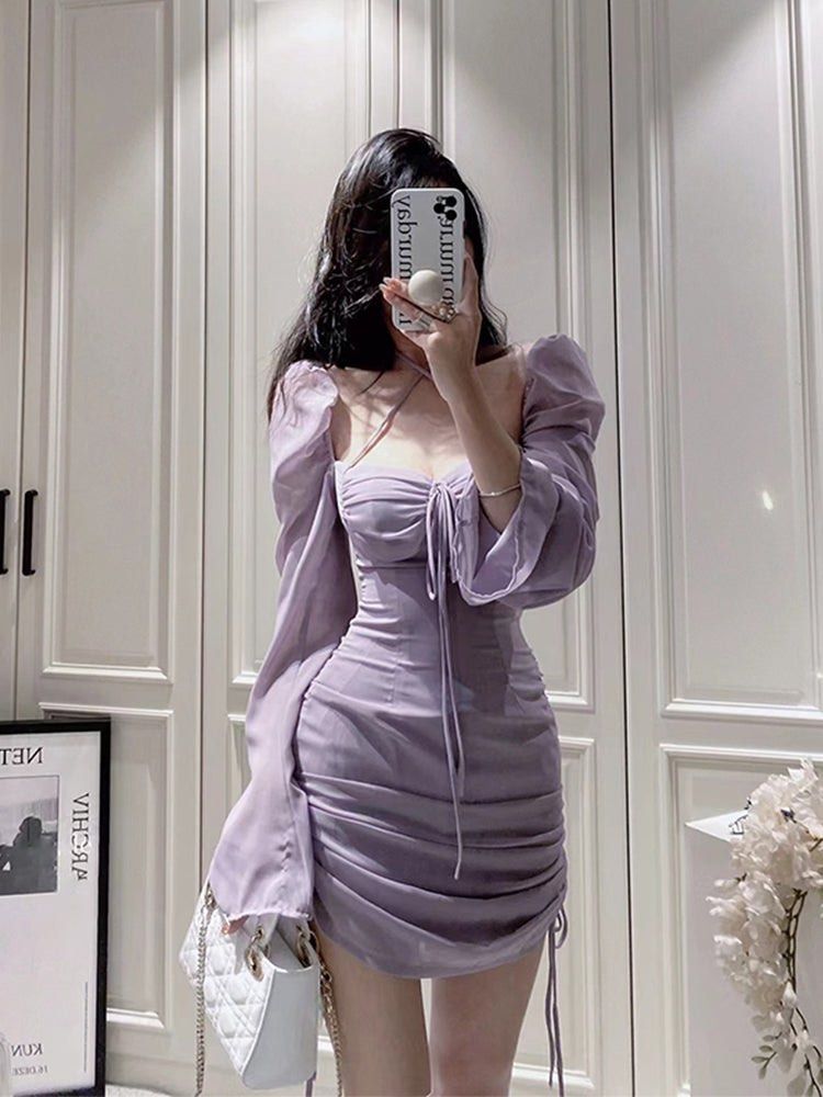 Korean Purple Lace up Pleated Chiffon Long sleeved Summer Dress Off shoulder Sexy Slim Women s Fashion Dresses Sets Dresses on Carousell