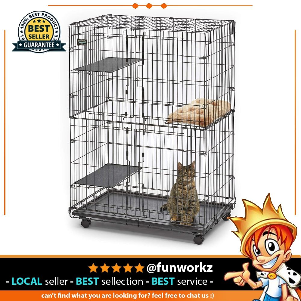 MidWest Cat Playpen Cat Cage Includes 3 Adjustable Resting Platforms Removable Leak Proof Pan Easy 2 Door Top Bottom Access 4 locking Wheel