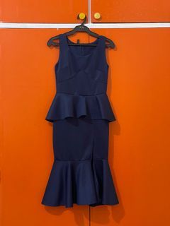 Navy blue evening long dress gown peplum slit dress