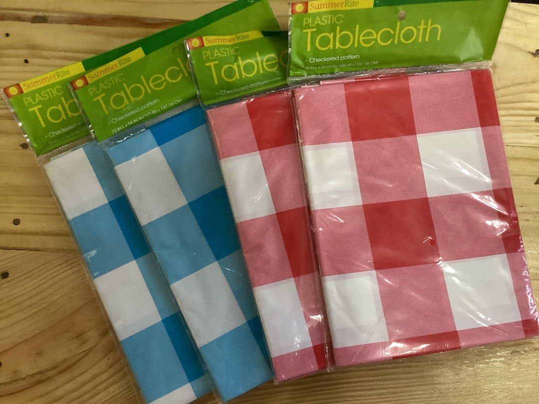 Plastic Tablecloth (Category: Table Linen & Textiles) located in Davao. Submitted by ferdipt (Listing ID 1307254626, Image 1). Description: Checkered pattern 72 IN Length X 54 IN WIDTH Available : 2 Blue Checkered & 2 Red Checkered pattern .