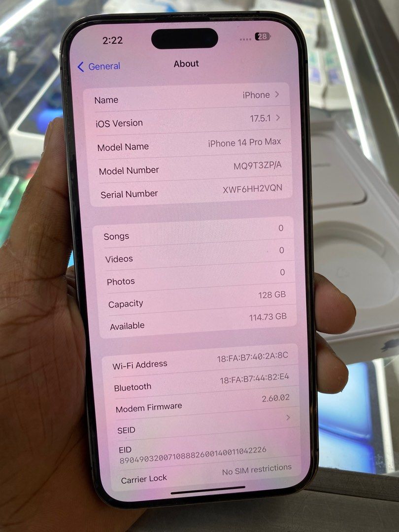 Secondhand iPhone 14 Pro Max 128gb (Category: iPhone 14 Series) located in Manila. Submitted by orlandotub99548 (Listing ID 1307288473, Image 3). Description: Available iPhone 14 Pro Max secondhand 128gb 88% battery health smooth no issue see picture for more details we do COD door to door we ship nationwide via LBC we have store in secondfloor Greenhills Shopping Center stall number Y40 look for Miss Vine or contact 09277368323/09673157499 .