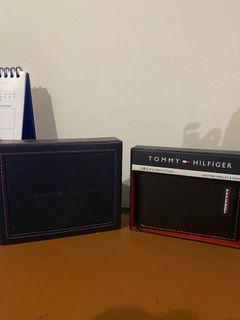 TOMMY HILFIGER Black Genuine Leather & Valet Billfold Wallet w/ RFID Protect