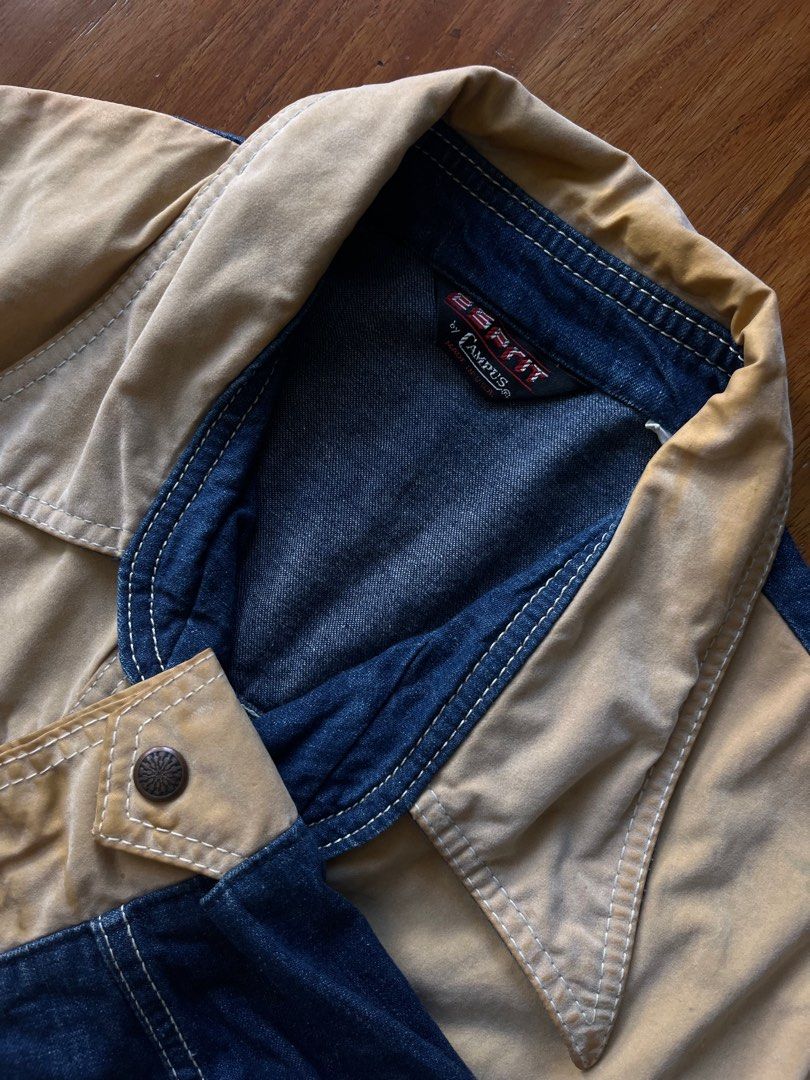 Vintage 70s Esprit Western Denim Jacket (Category: Coats, Jackets and Outerwear) located in Muntinlupa City. Submitted by _sbstnm (Listing ID 1307251740, Image 2). Description: Vintage 1970s Esprit by Campus western cowboy jacket in deep indigo denim quth faux suede details. Tag size: L Actual measurements (inches, laid flat) Width: 23 Length: 31 Shoulder: 19 Sleeve: 26 MOP: Gcash or BPI transfer only Shipping: Lalamove, GrabExpress, J&T Express 