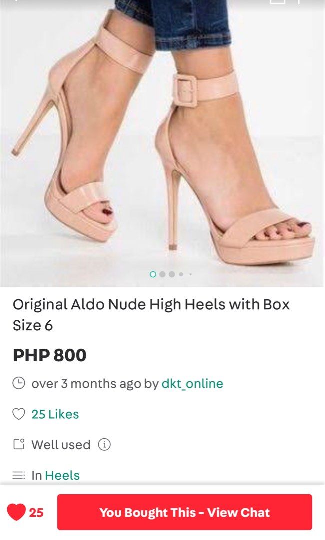 ALDO Nude heels (Category: Sandals) located in Manila. Submitted by plmarn (Listing ID 1307512204, Image 2). Description: Bought here sa carousell last June 6, 2024 with another seller. Super ganda ng sandals kaso di ko pala kasya huhu. I'm 6.5 and the size of the sandals is 6. lumalabas ang toe. The seller is the 1st owner and I didn't use it pa. .