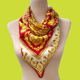 Erre Paris Red and Gold Vintage Print Silk Scarf
