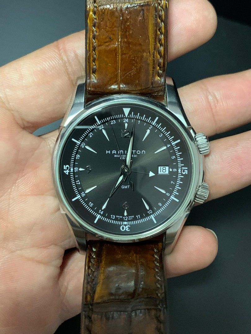 Hamilton Jazzmaster Traveler GMT black, Fesyen Pria, Jam Tangan