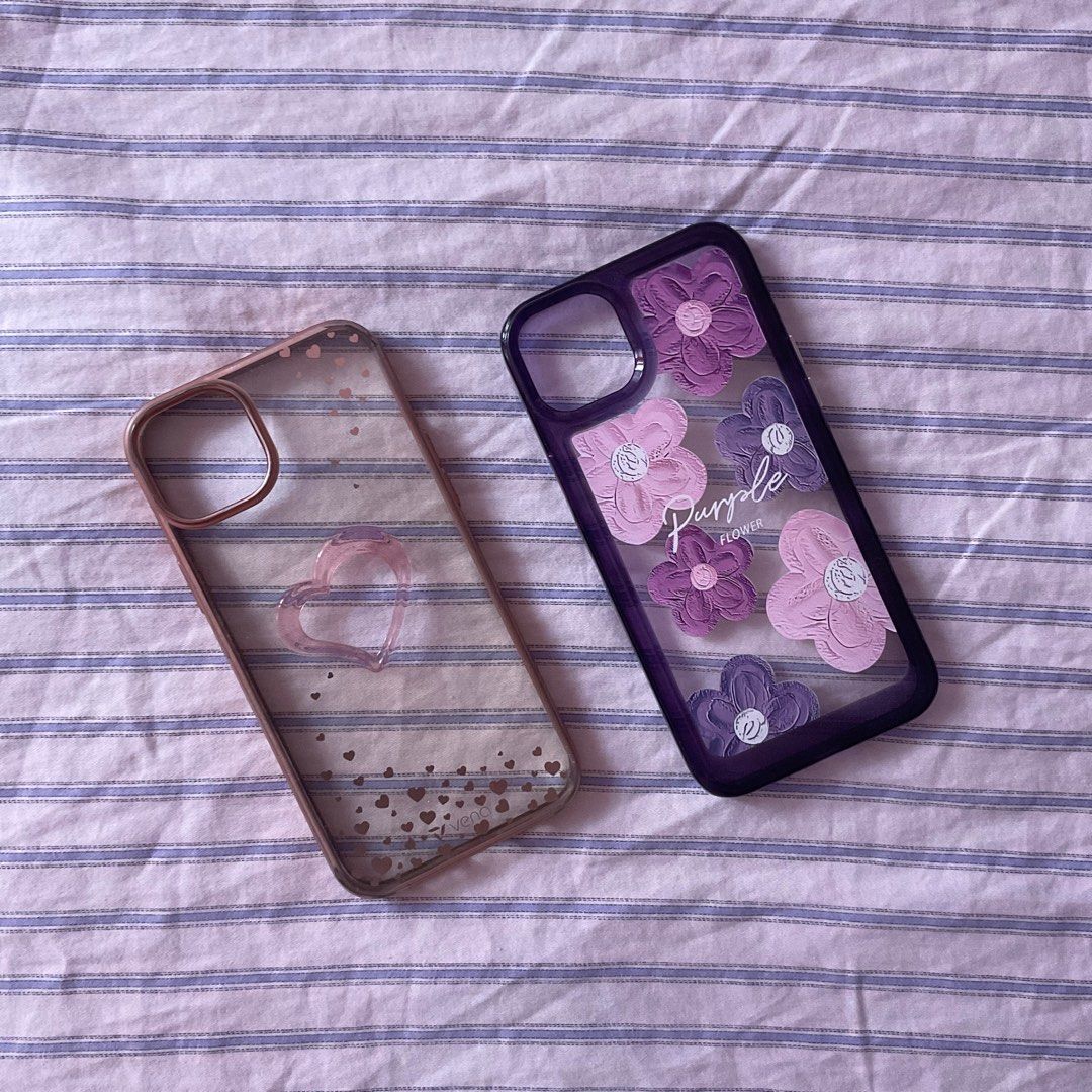 Iphone 14 Plus / 15 Plus - case bundle (Category: Cases & Sleeves) located in Pasig City. Submitted by decluttertrends (Listing ID 1307411781, Image 1). Description: vena vlove rose gold transparent - unused with box - originally priced at 11.99 usd (700+ php) - bought at target in LA - rfs: wrong size purple flower - unused no box - originally priced at 250 php - rfs: wrong size .