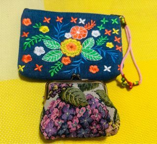 Kisslock tapestry and Denim embroided Coin purse